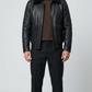 Jackero black leather bomber jacket, featuring a plush black shearling collar and clean zip-up front.