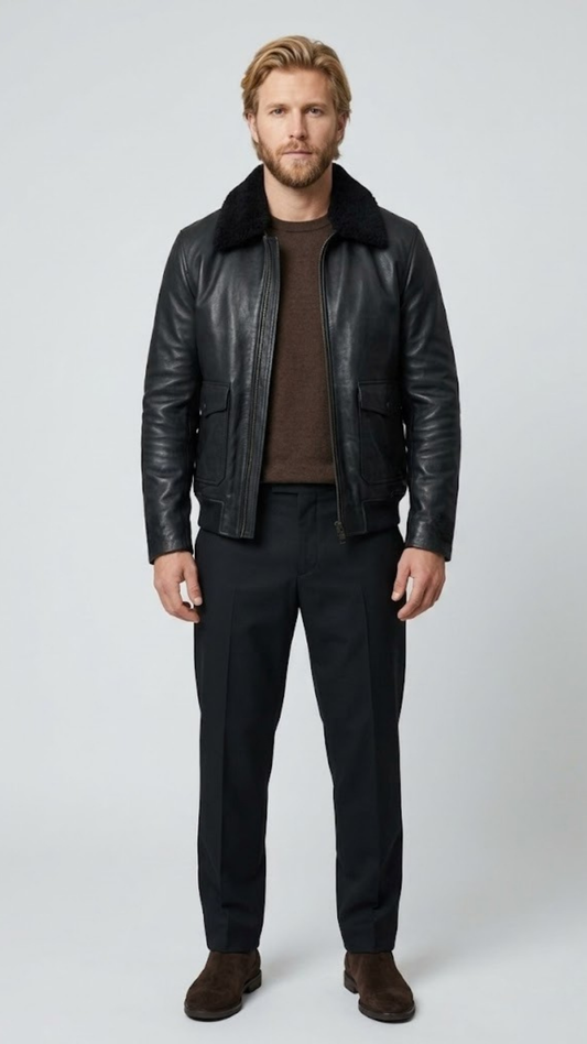 Jackero black leather bomber jacket, featuring a plush black shearling collar and clean zip-up front.