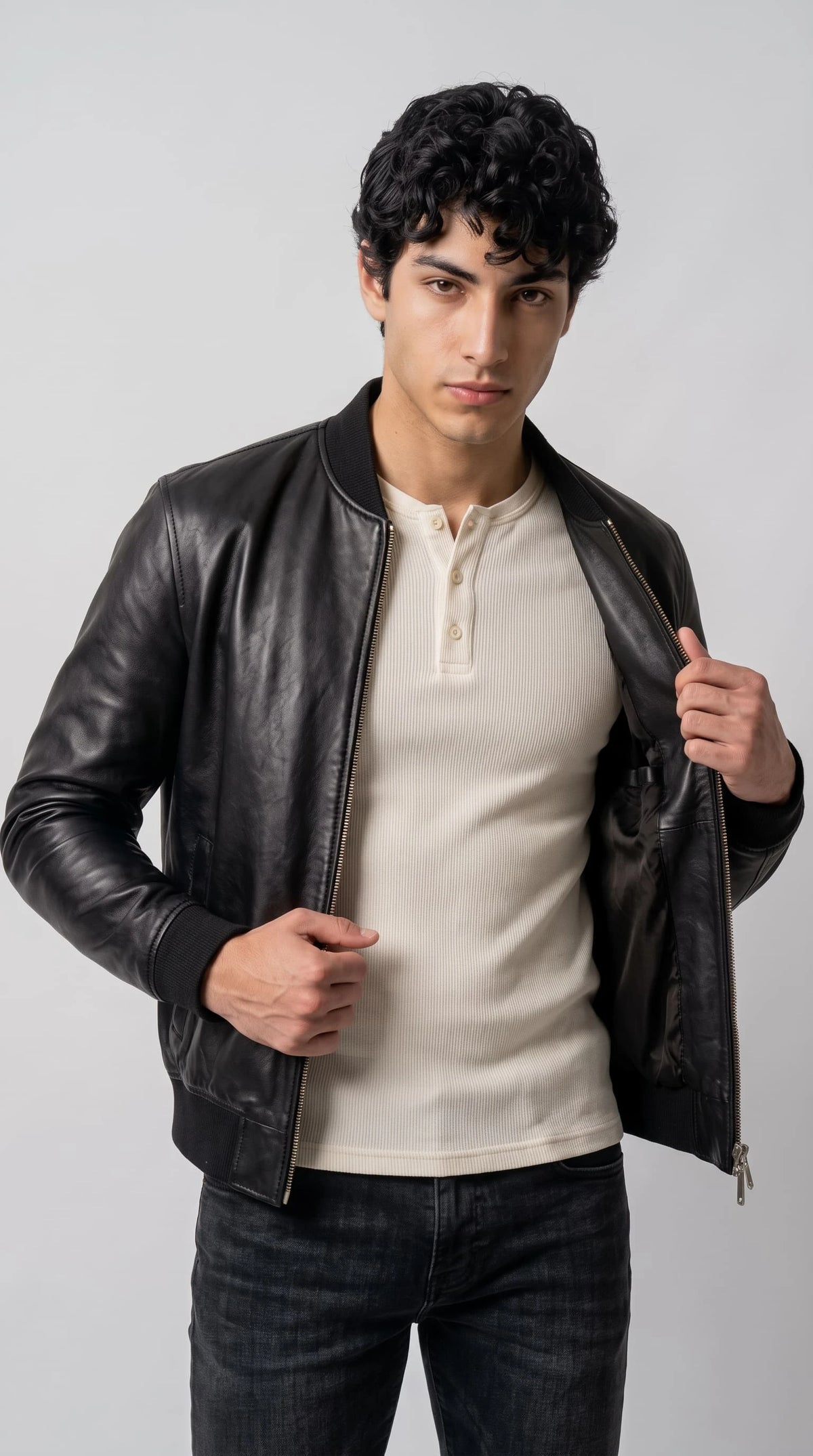 Black genuine leather bomber opened to showcase its smooth dark satin-finish lining, full-length metal zipper and clean inner construction, offering a refined lightweight layering style with a timeless minimalist design.