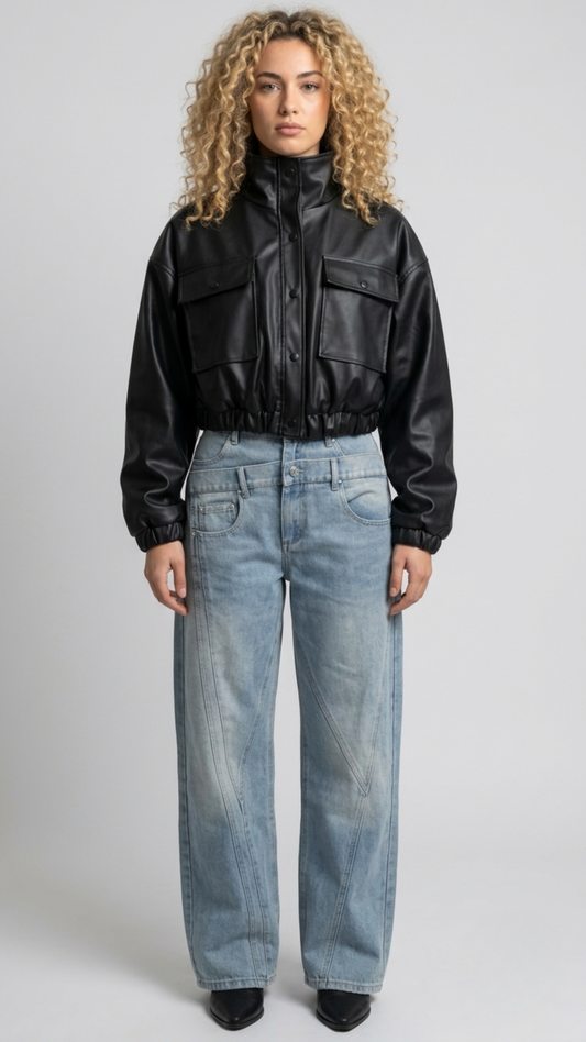 Front full view of premium black leather cropped jacket highlighting the modern short waist-length cut and clean zipper closure.
