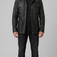black leather field jacket highlighting the iconic four front flap pockets and sturdy zipper closure.