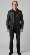 black leather field jacket highlighting the iconic four front flap pockets and sturdy zipper closure.