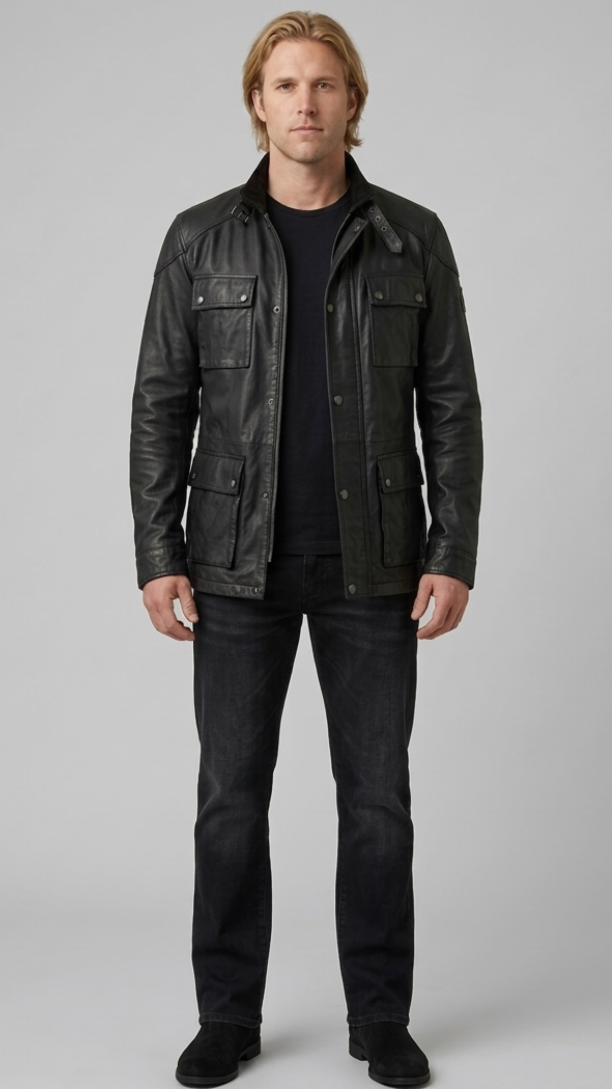 black leather field jacket highlighting the iconic four front flap pockets and sturdy zipper closure.