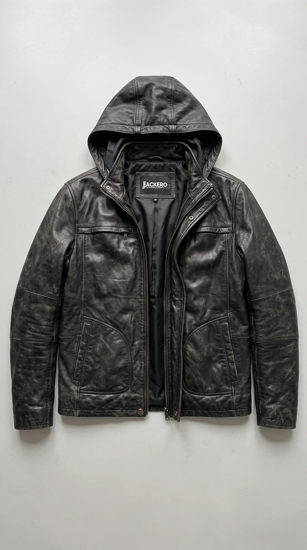 Black genuine leather hooded jacket displayed open to highlight its smooth dark inner lining, attached leather hood, metal zip closure, chest detailing and JACKERO neck label against a clean neutral background.