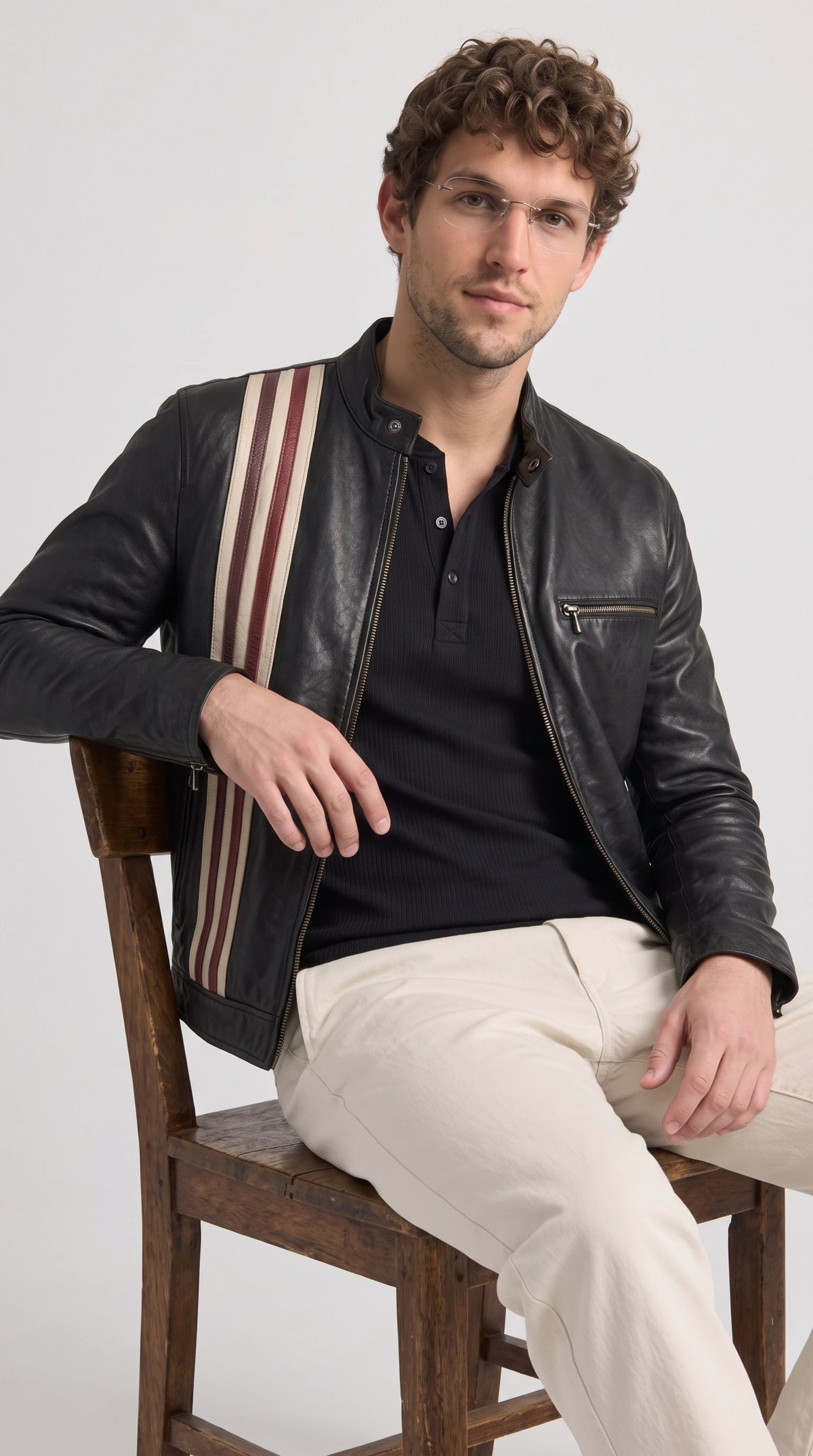 Black genuine leather jacket featuring a long cream and burgundy vertical racing-stripe panel extending from the shoulder toward the hem, with clean back-yoke stitching and a softly structured silhouette that gives classic leather outerwear a distinctive track-inspired character.