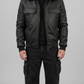 a sleek black leather flight jacket featuring a matching black shearling collar and lining.