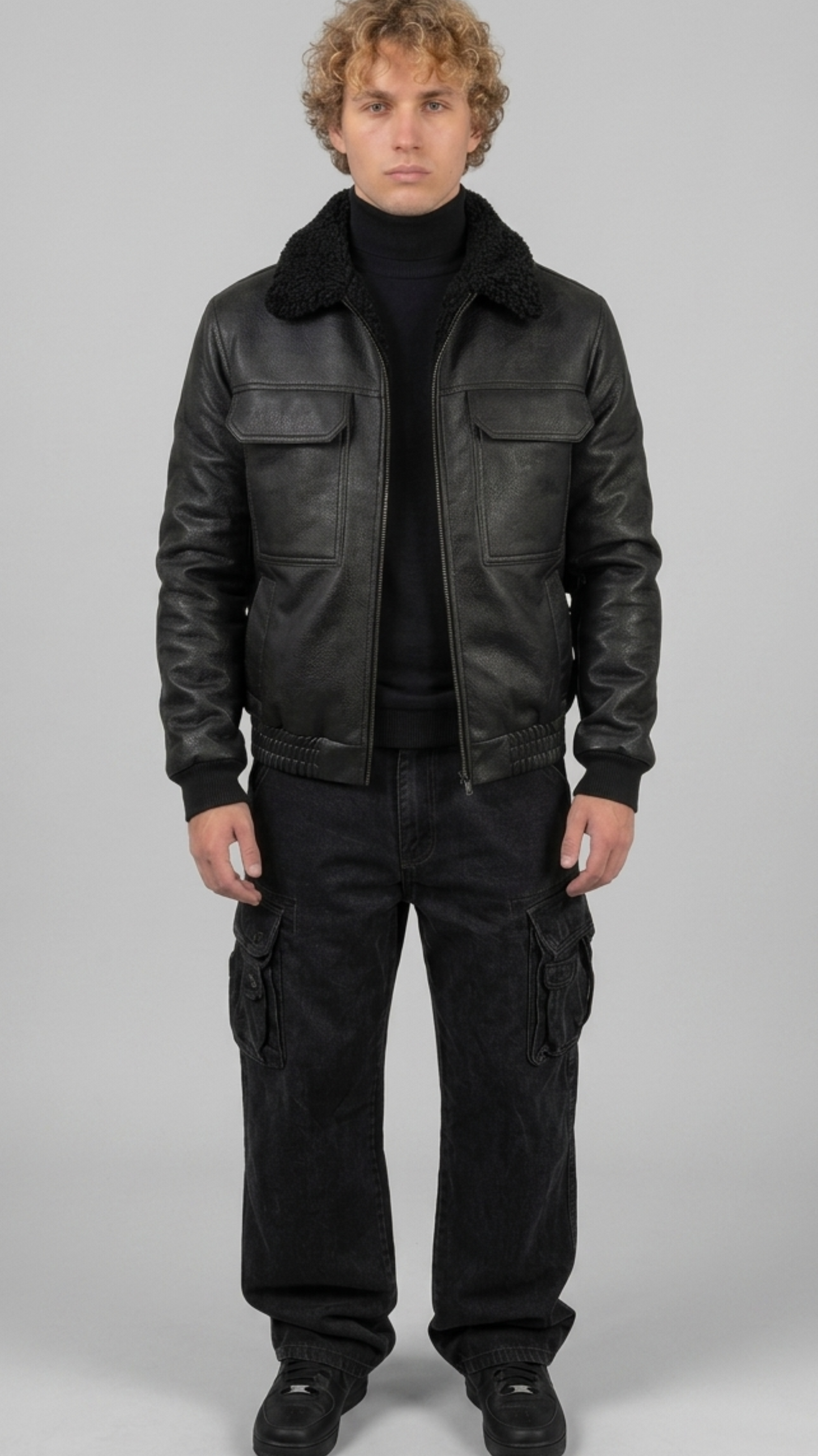 a sleek black leather flight jacket featuring a matching black shearling collar and lining.