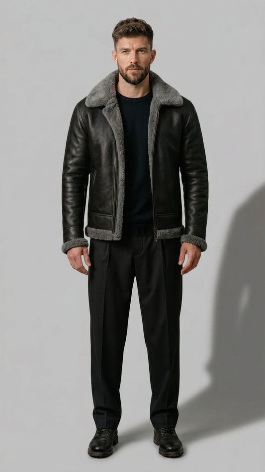 Man wearing a black leather jacket with gray fur lining on a plain background