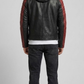 Men's modern streetwear fashion featuring a black and red bicolor leather jacket with a comfortable hood.