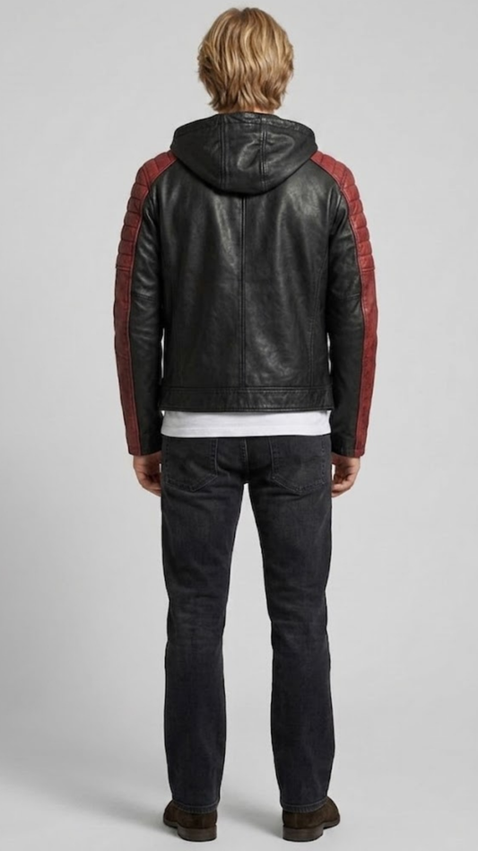 Men's modern streetwear fashion featuring a black and red bicolor leather jacket with a comfortable hood.