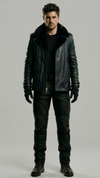 a double-breasted black leather peacoat featuring a prominent black shearling collar and button closures.