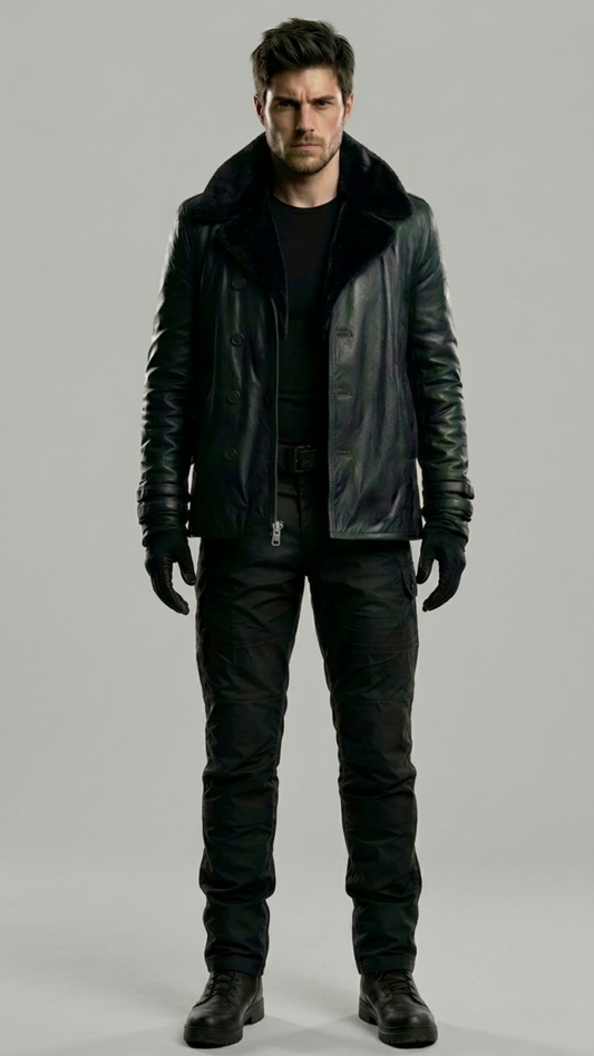 a double-breasted black leather peacoat featuring a prominent black shearling collar and button closures.