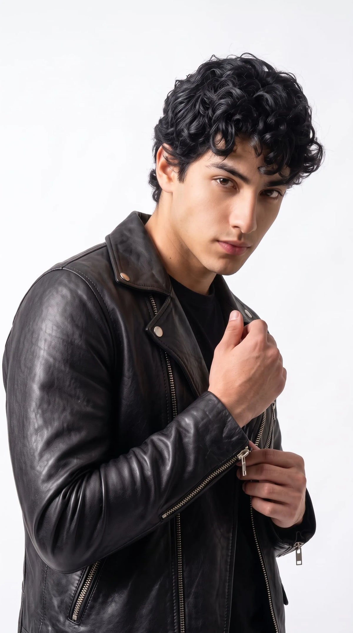 Black leather rocker jacket with a fitted modern profile, snap-fastened lapels, diagonal chest zipper and multiple metal zip pockets, styled over a black shirt for an edgy city outfit inspired by classic rock fashion and contemporary urban menswear.
