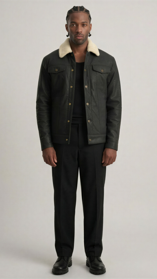 Black leather trucker jacket with a contrasting cream shearling collar shown from the front view.