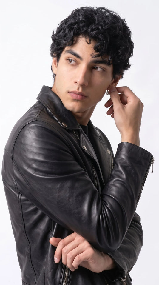 Close-up of a black motorcycle leather jacket featuring a naturally textured leather surface, wide notched lapels, metallic snap fasteners and a functional sleeve zipper, highlighting the rugged hardware details of a modern moto-inspired wardrobe essential.