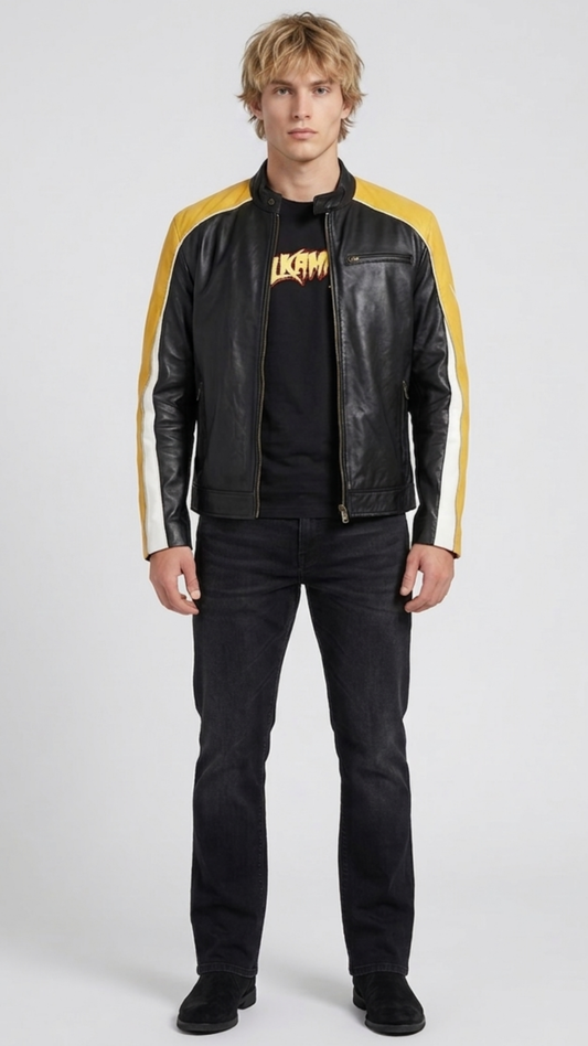 Jackero premium tricolor leather cafe racer jacket displaying bold black, yellow, and white geometric color panels.
