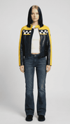 Bold black leather cafe racer jacket by Jackero, featuring distinct vibrant yellow racing stripes on the arms, front studio view.