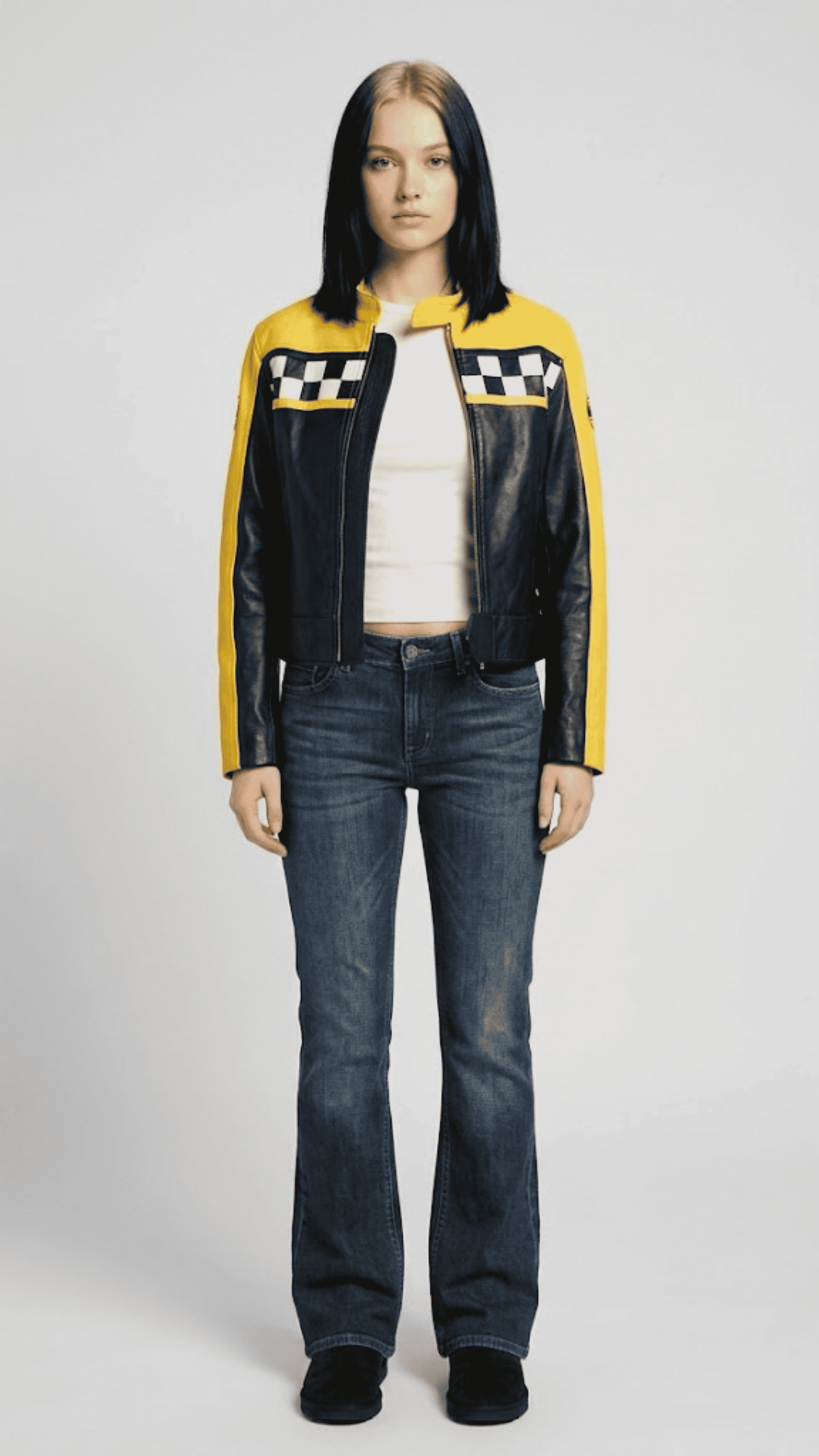 Bold black leather cafe racer jacket by Jackero, featuring distinct vibrant yellow racing stripes on the arms, front studio view.