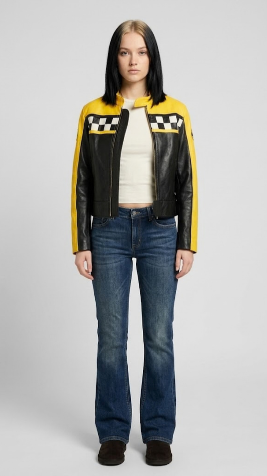 Bold black leather cafe racer jacket by Jackero, featuring distinct vibrant yellow racing stripes on the arms, front studio view.