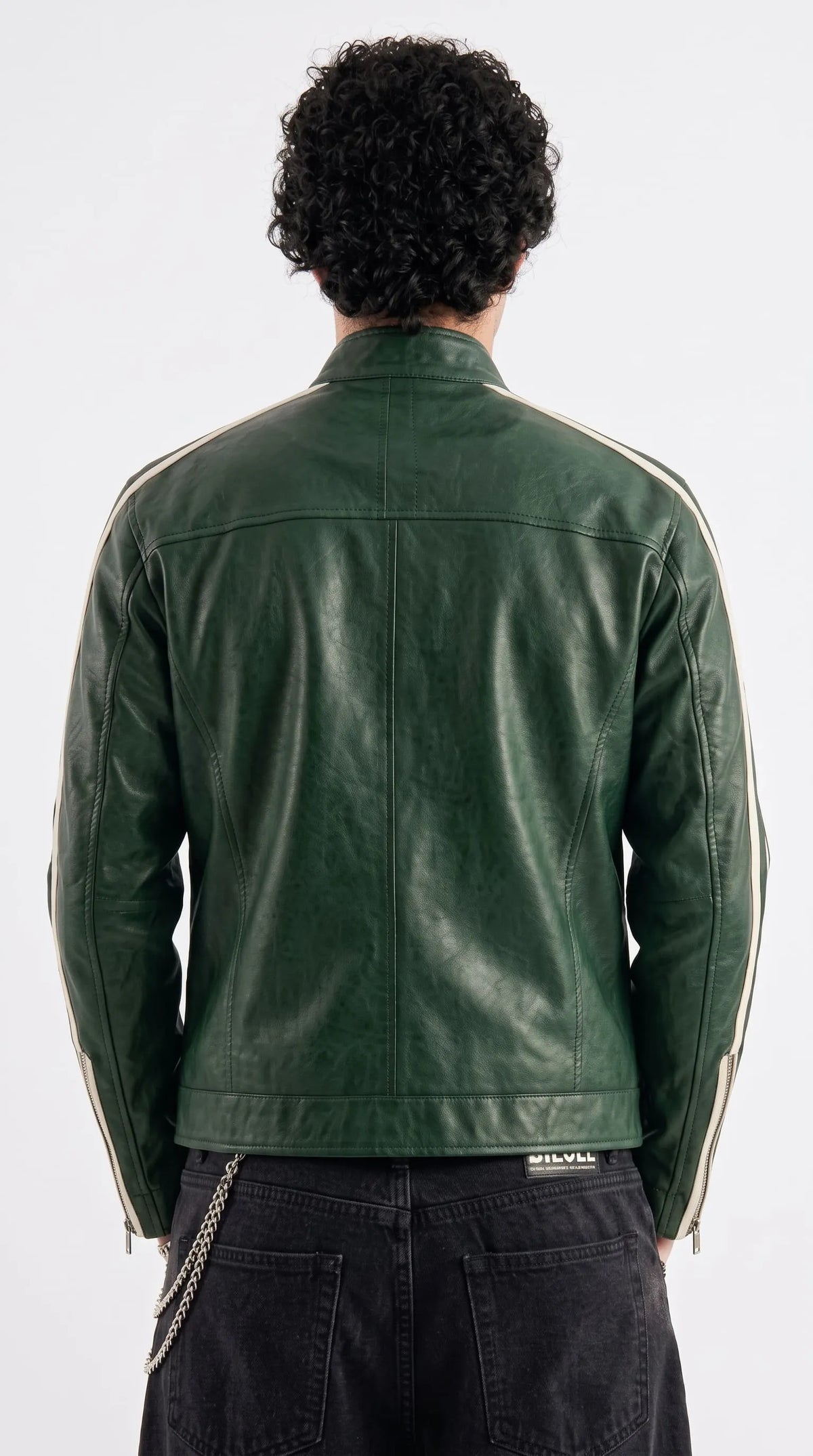 Back view of a forest green premium leather racer jacket showing the clean tailored cafe racer silhouette and flexible shoulder panelling for easy movement