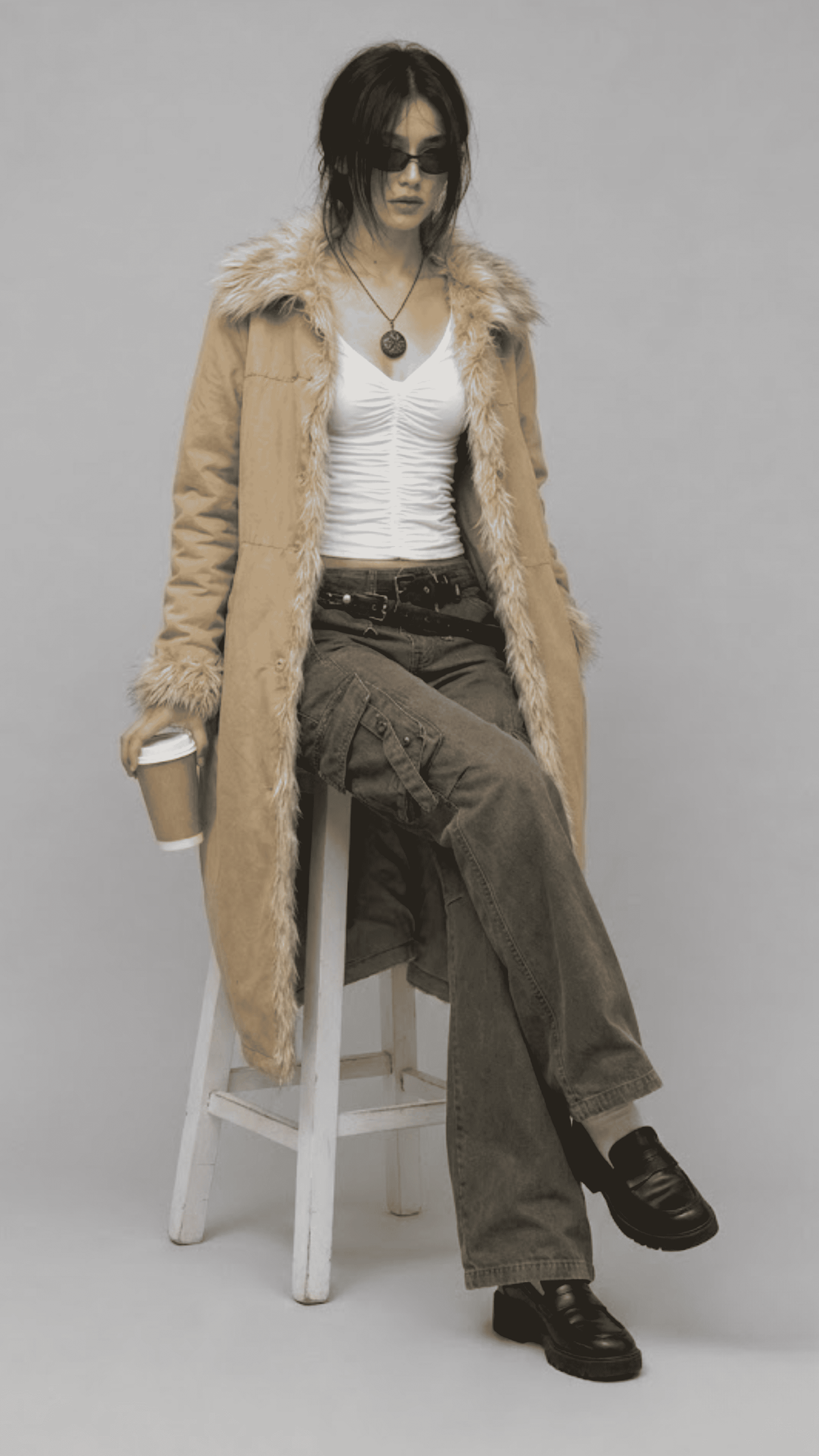 Model wearing an oversized light yellow long cotton overcoat layered over a neutral casual outfit.