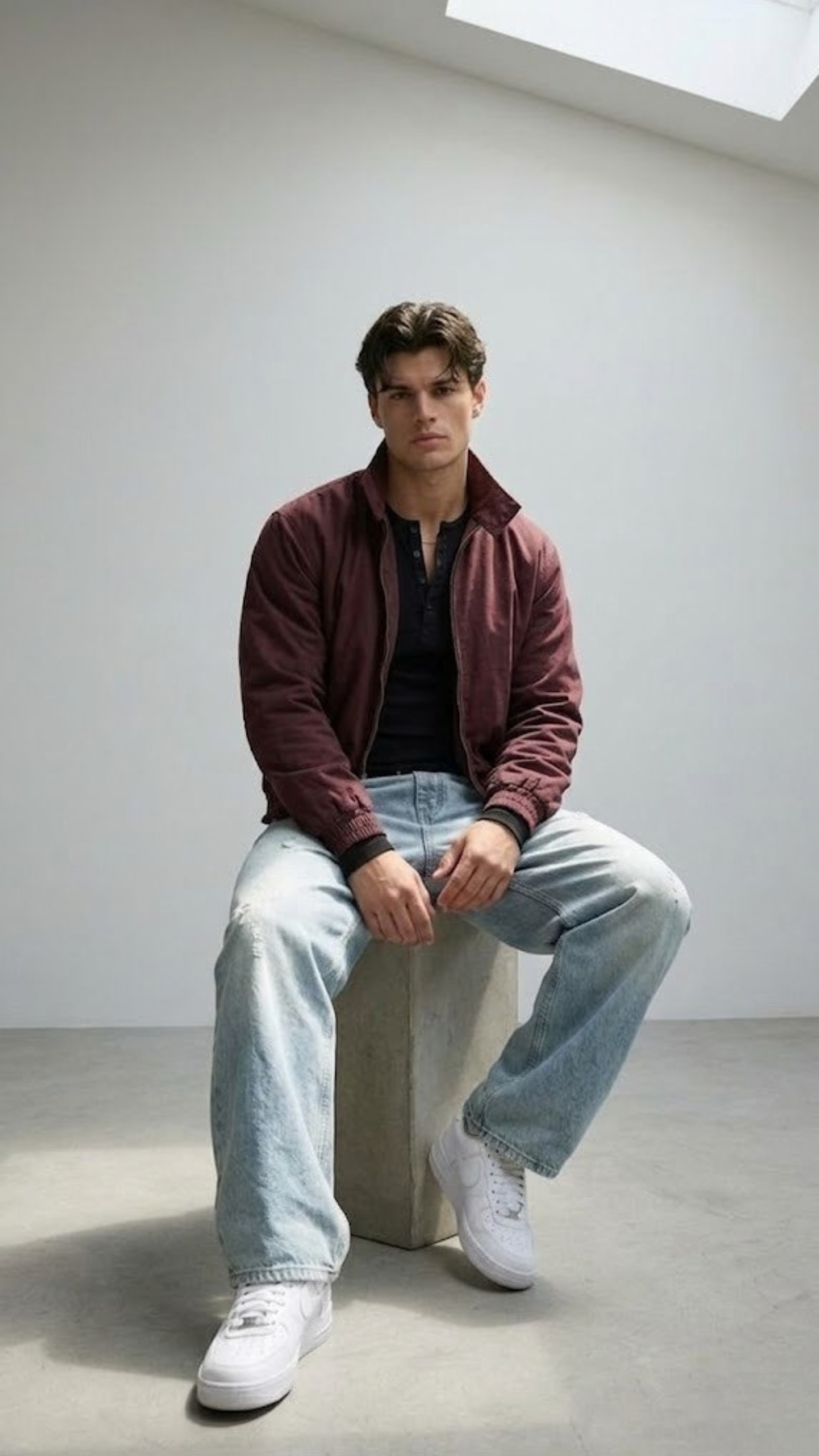 Mens dark red wine cotton jacket with clean classic collar and front buttons