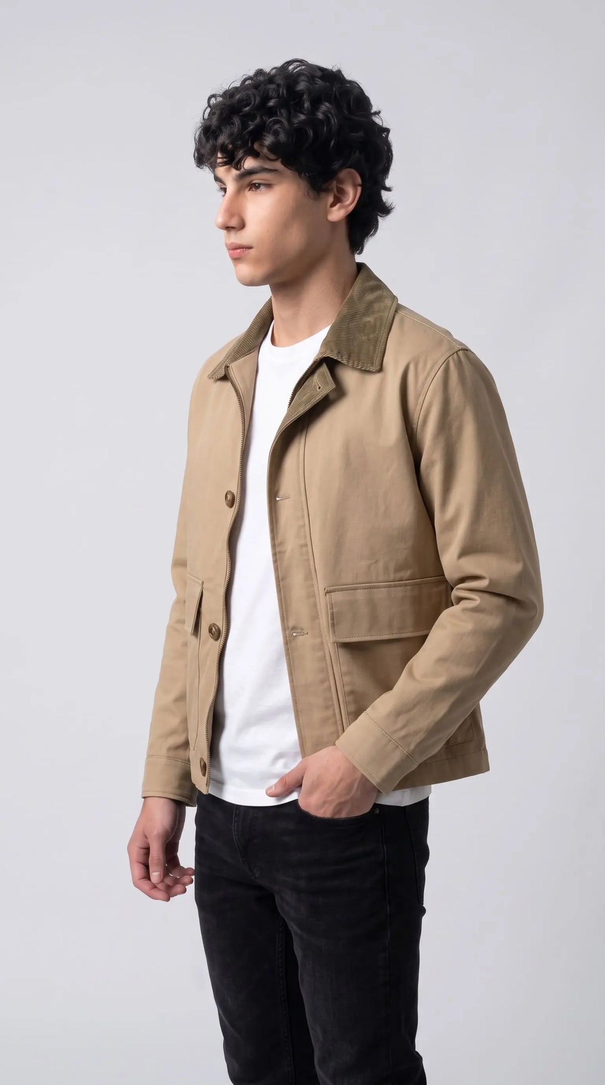 Classic cotton canvas worker jacket in light brown with a contrasting dark brown corduroy collar.
