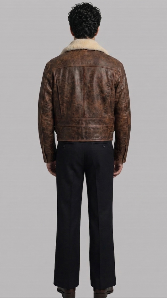 Mens classic aviator jacket made from rugged dark brown distressed leather with a warm cream shearling lining.