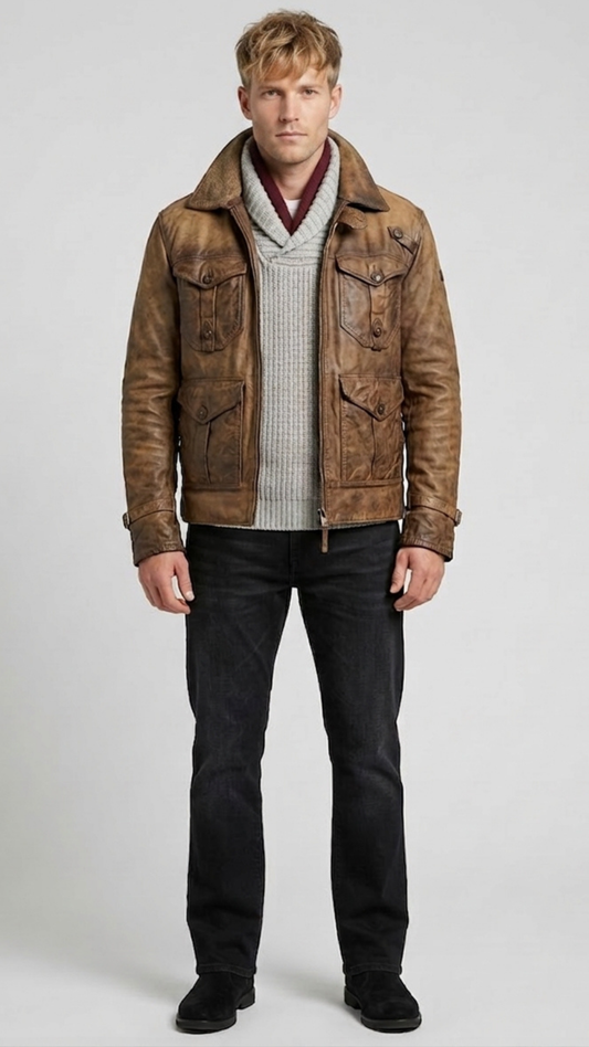 Versatile dark brown distressed leather field jacket layered over a casual outfit, blending heavy-duty utility with modern street style.