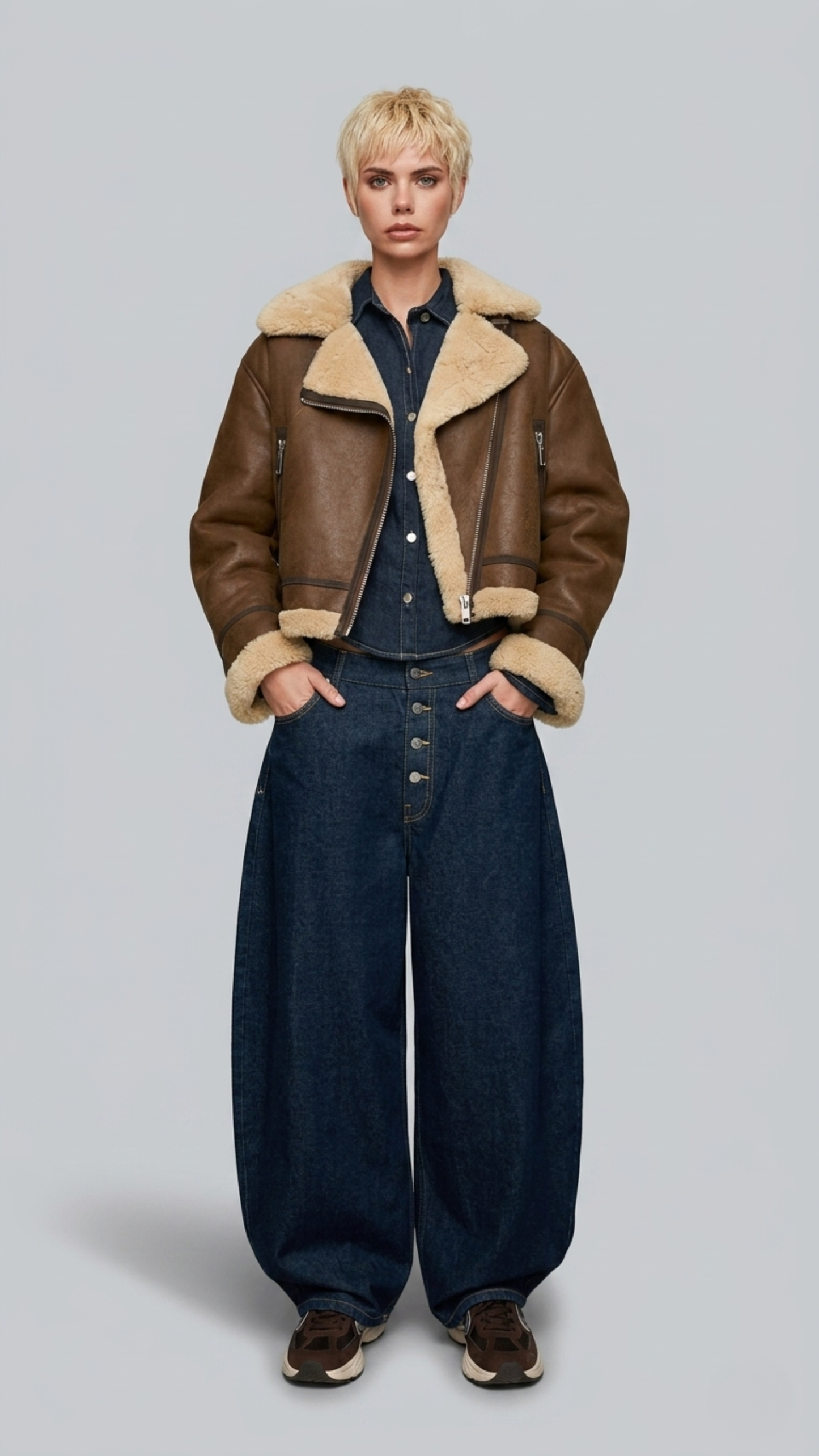 stylish brown cropped aviator jacket with white shearling trim, styled for a modern winter streetwear look.