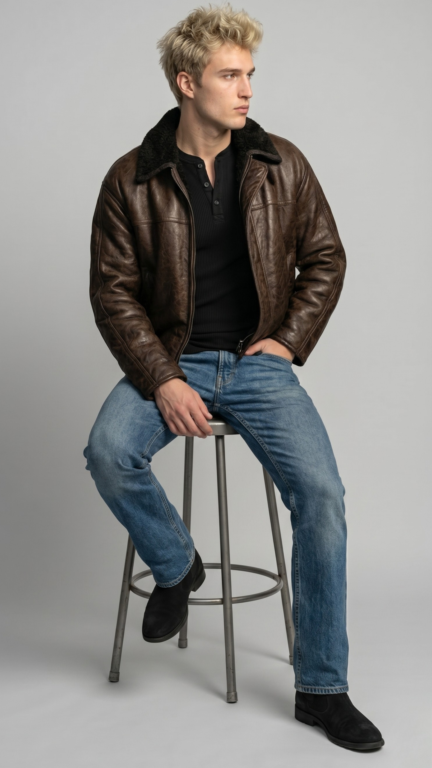 A stylish and rugged dark brown leather winter jacket with black shearling details, ideal for cold weather fashion.