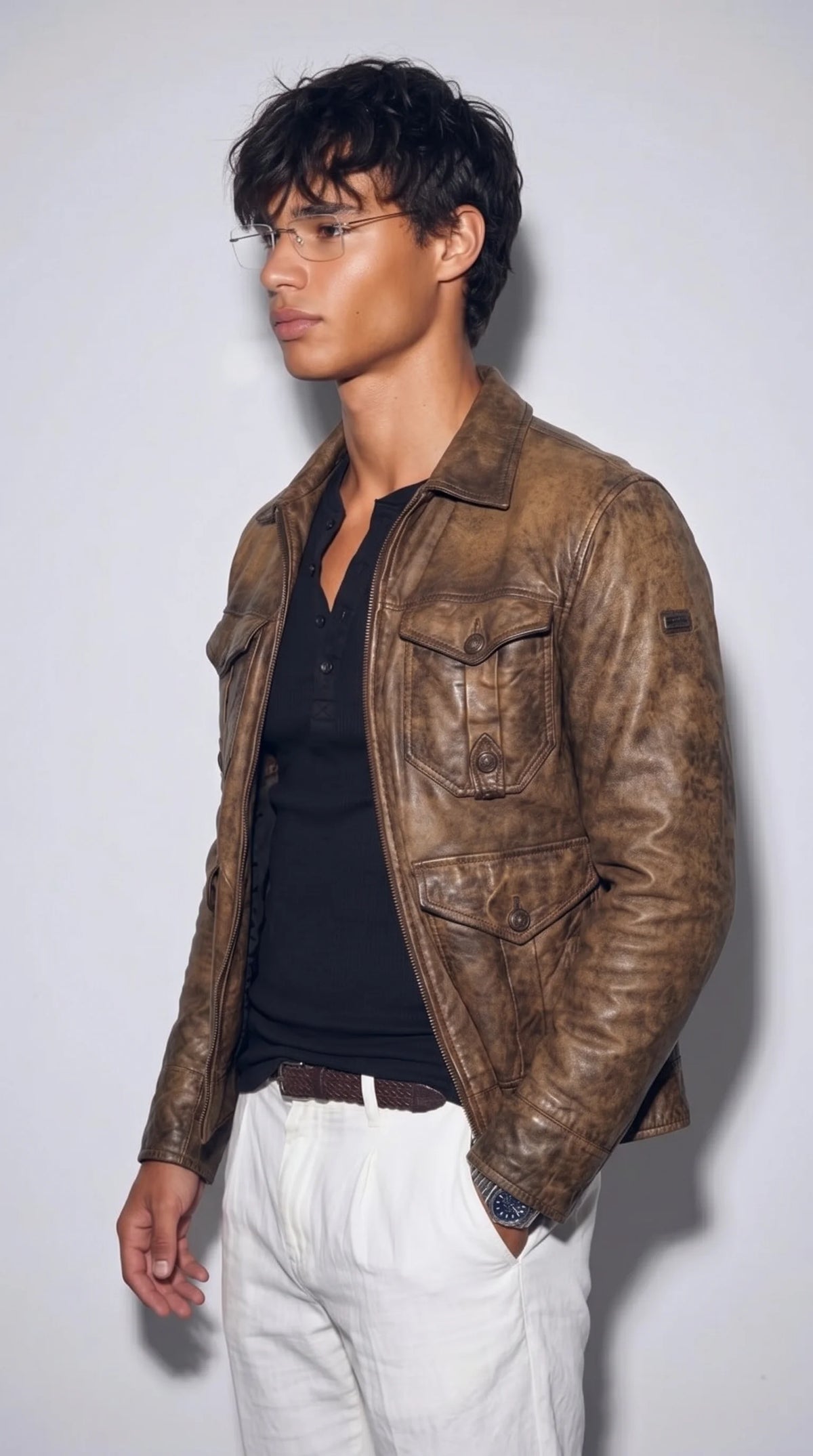 Distressed vintage-brown leather field jacket with a fold-down collar featuring a plush shearling lining, combining rugged outdoor-inspired design with a warm-looking textured accent for cold-weather outfits, chunky knitwear and relaxed winter streetwear.