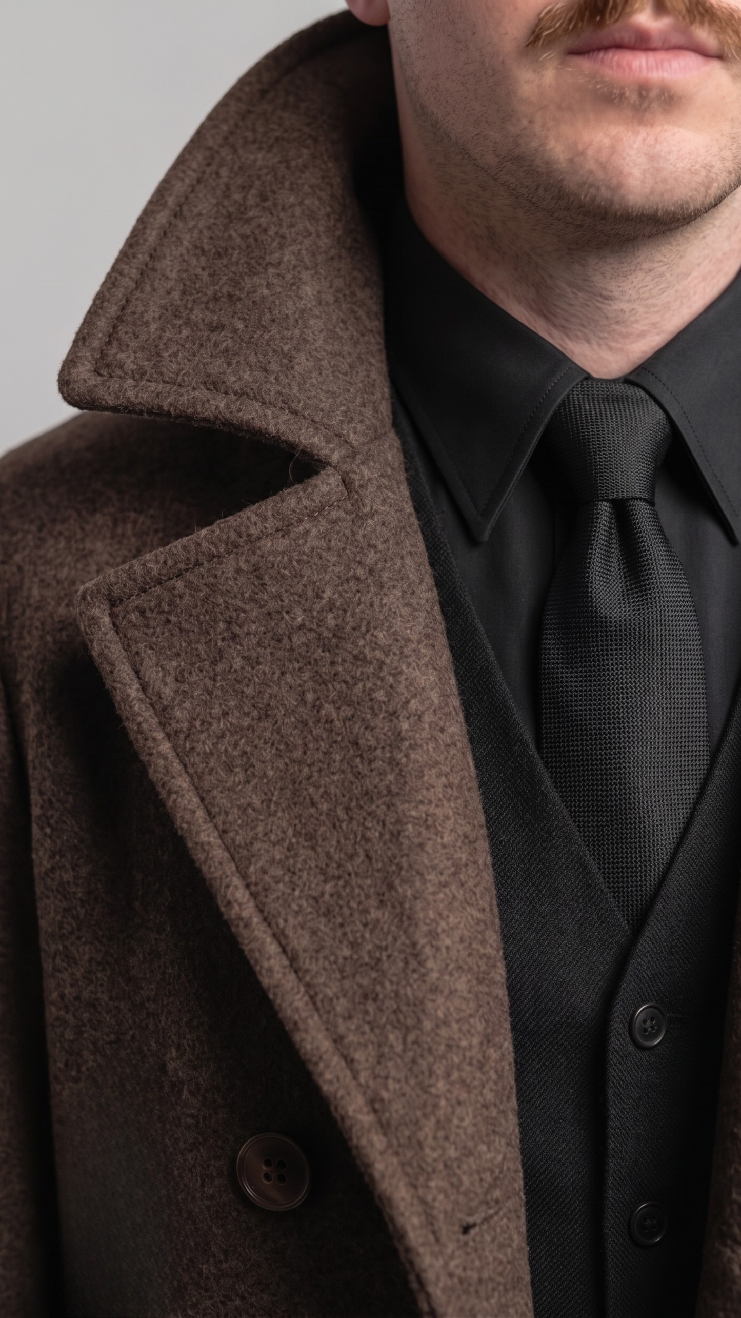 Detailed look at the button hardware and classic collar styling of a brown wool coat.