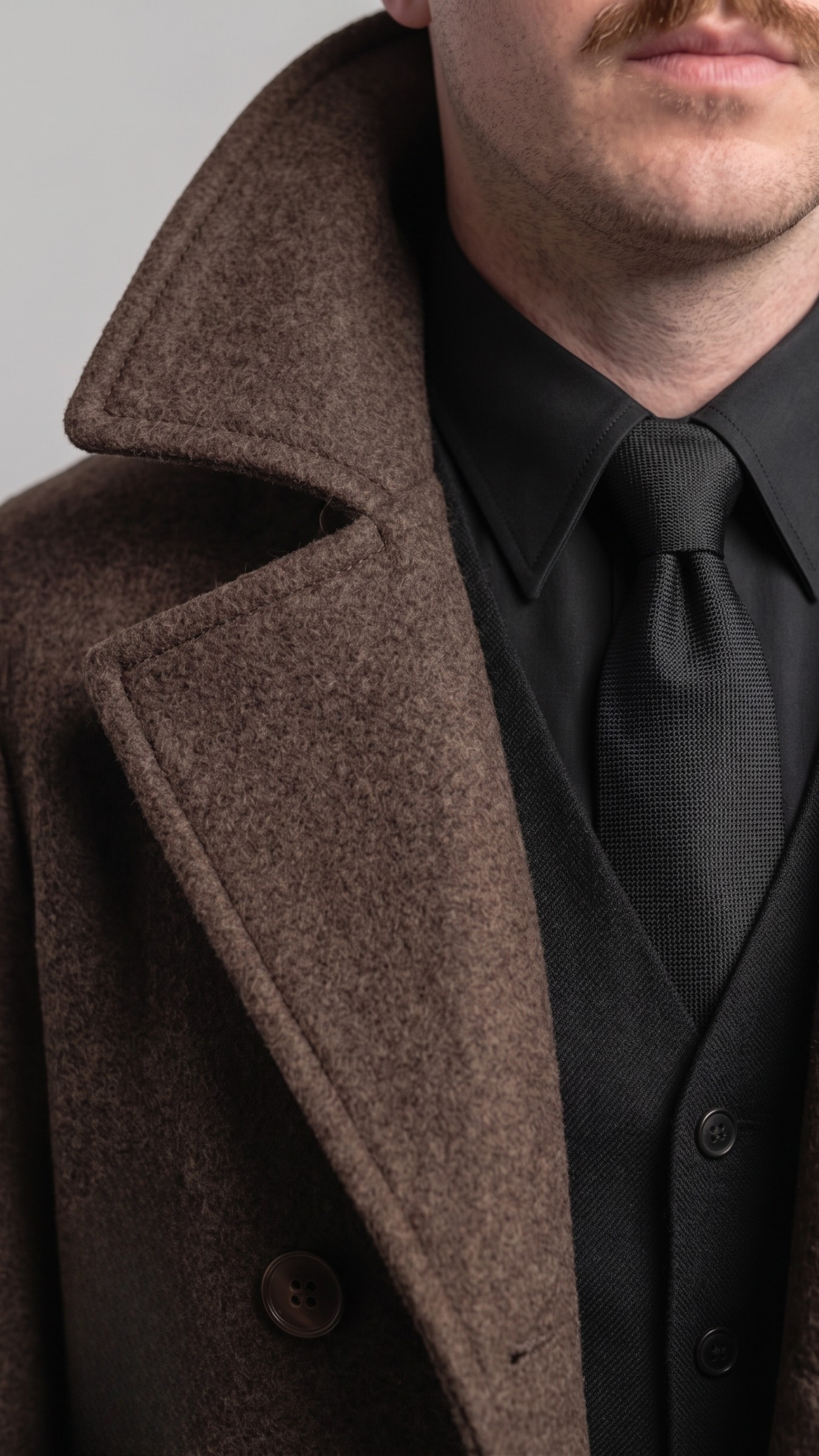 Detailed look at the button hardware and classic collar styling of a brown wool coat.