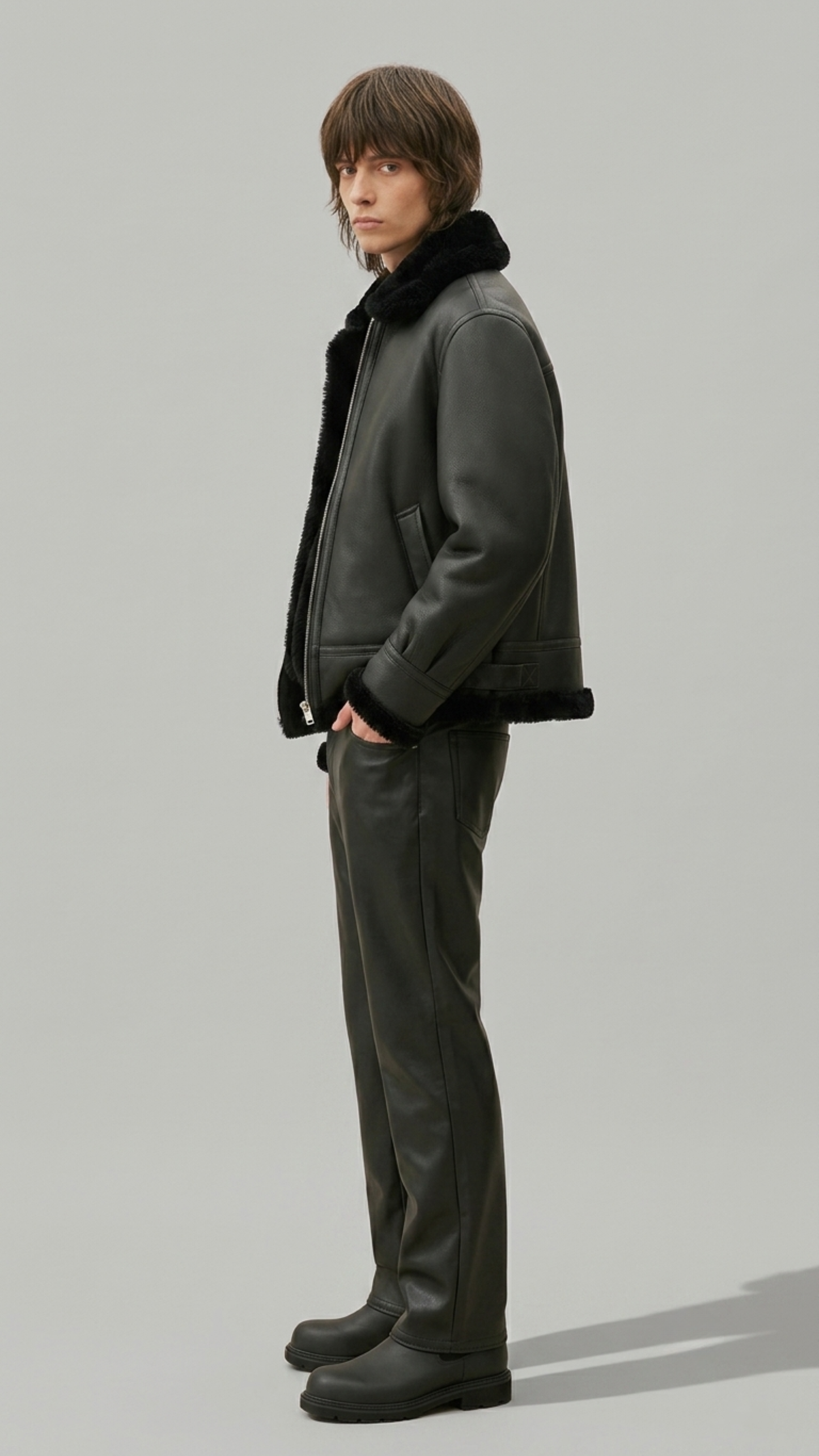 Classic black winter leather jacket with high-quality shearling collar details by Jackero.