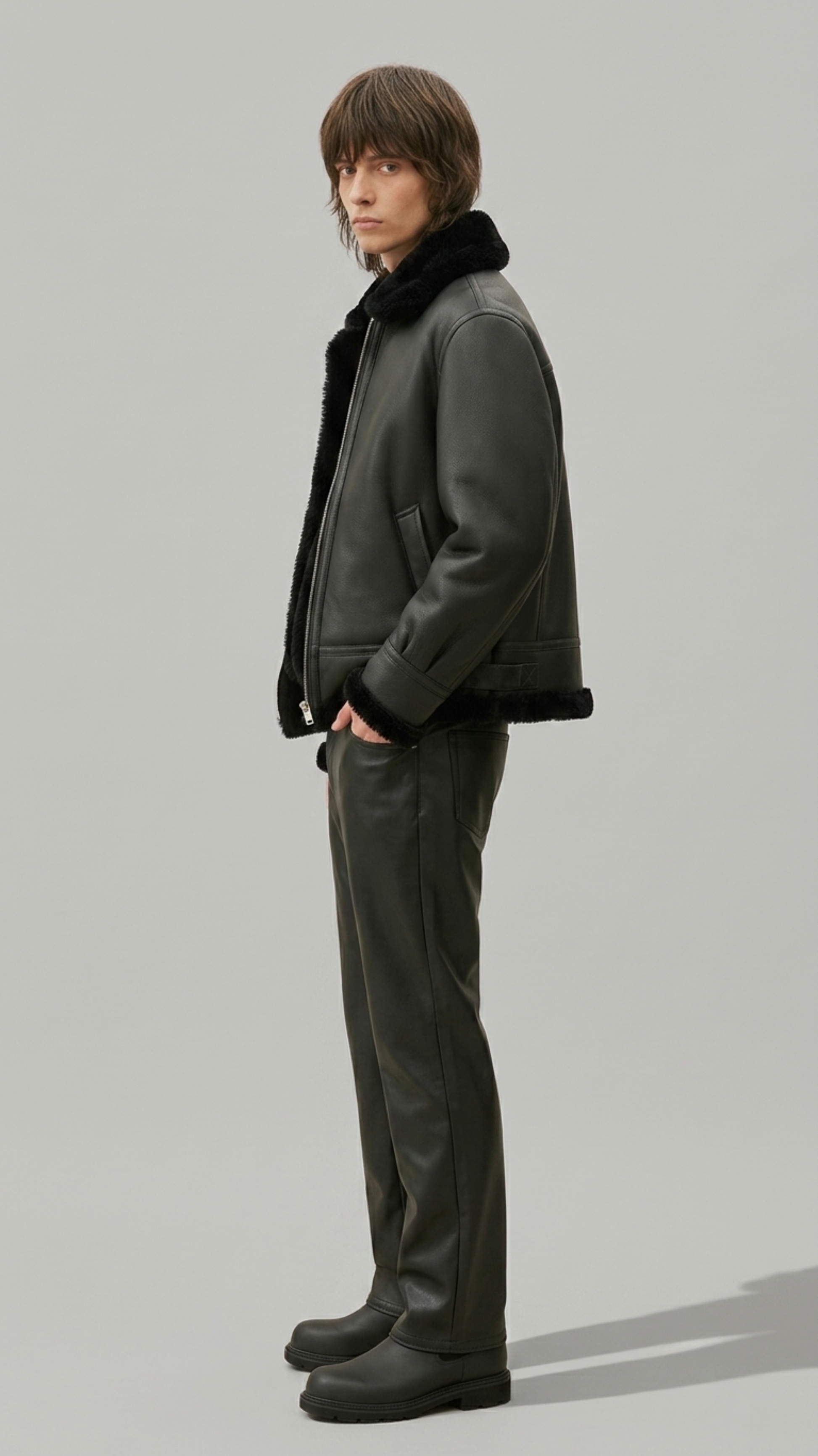 Classic black winter leather jacket with high-quality shearling collar details by Jackero.