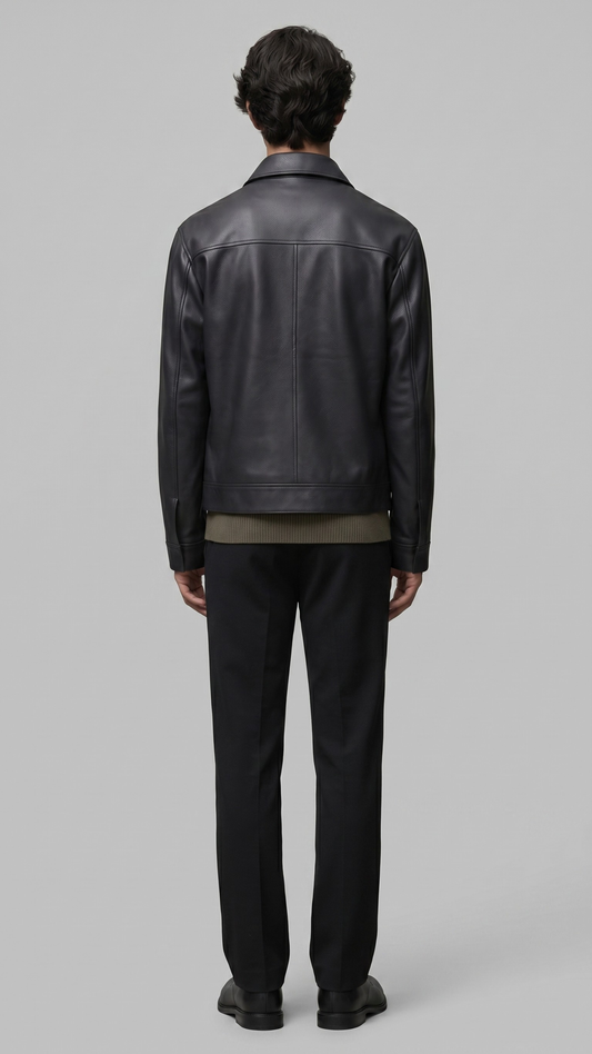 black leather bomber jacket showing clean paneling and premium leather finish.