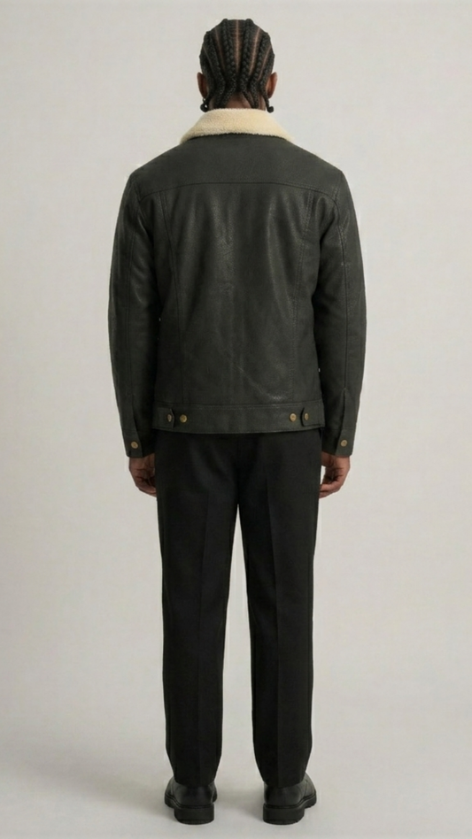 Straight-on back view of Jackero black leather trucker jacket highlighting the clean panel stitching.