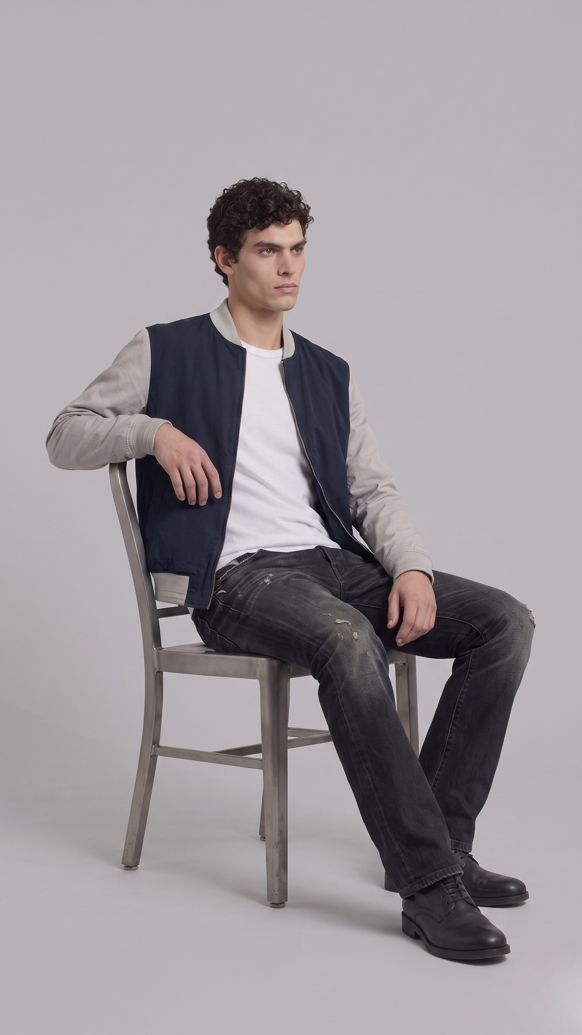 Men's casual streetwear look showcasing a modern two-tone navy blue and grey lightweight cotton jacket.