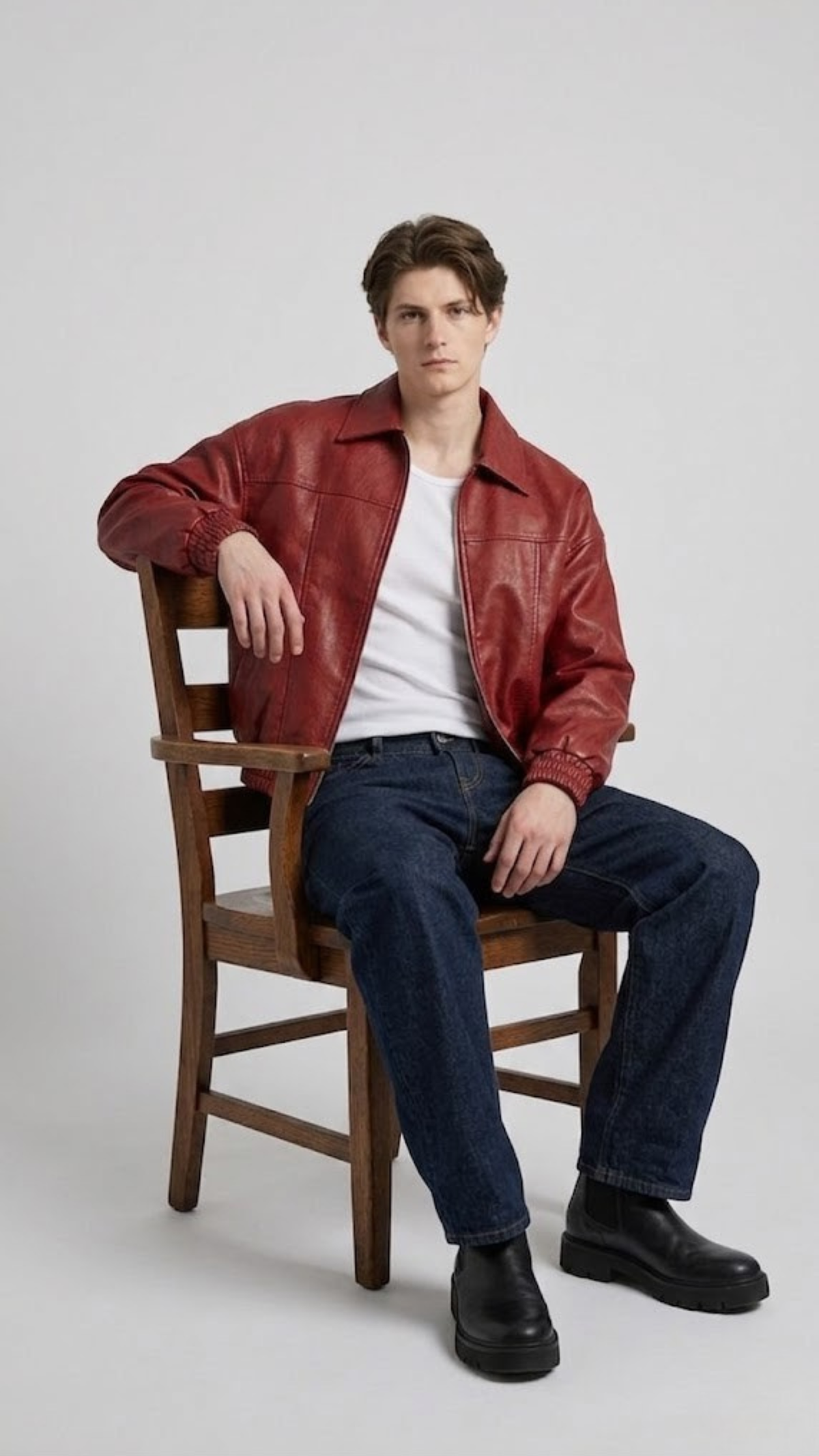 Jackero red leather bomber jacket highlighting the seamless shoulder design.