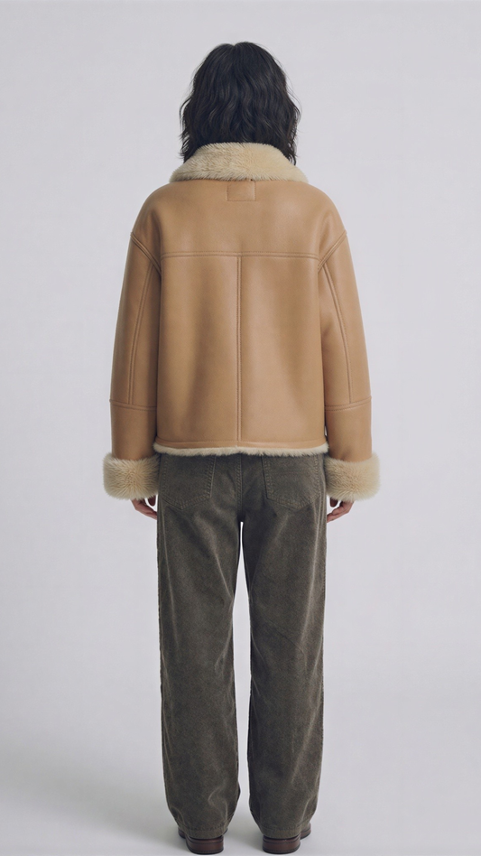 classic aviator jacket crafted from smooth beige leather with a warm, plush cream shearling lining.