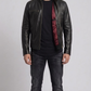 A professional studio front shot of the Jackero classic black leather biker jacket, showcasing its iconic asymmetric zipper closure and sharp lapels.