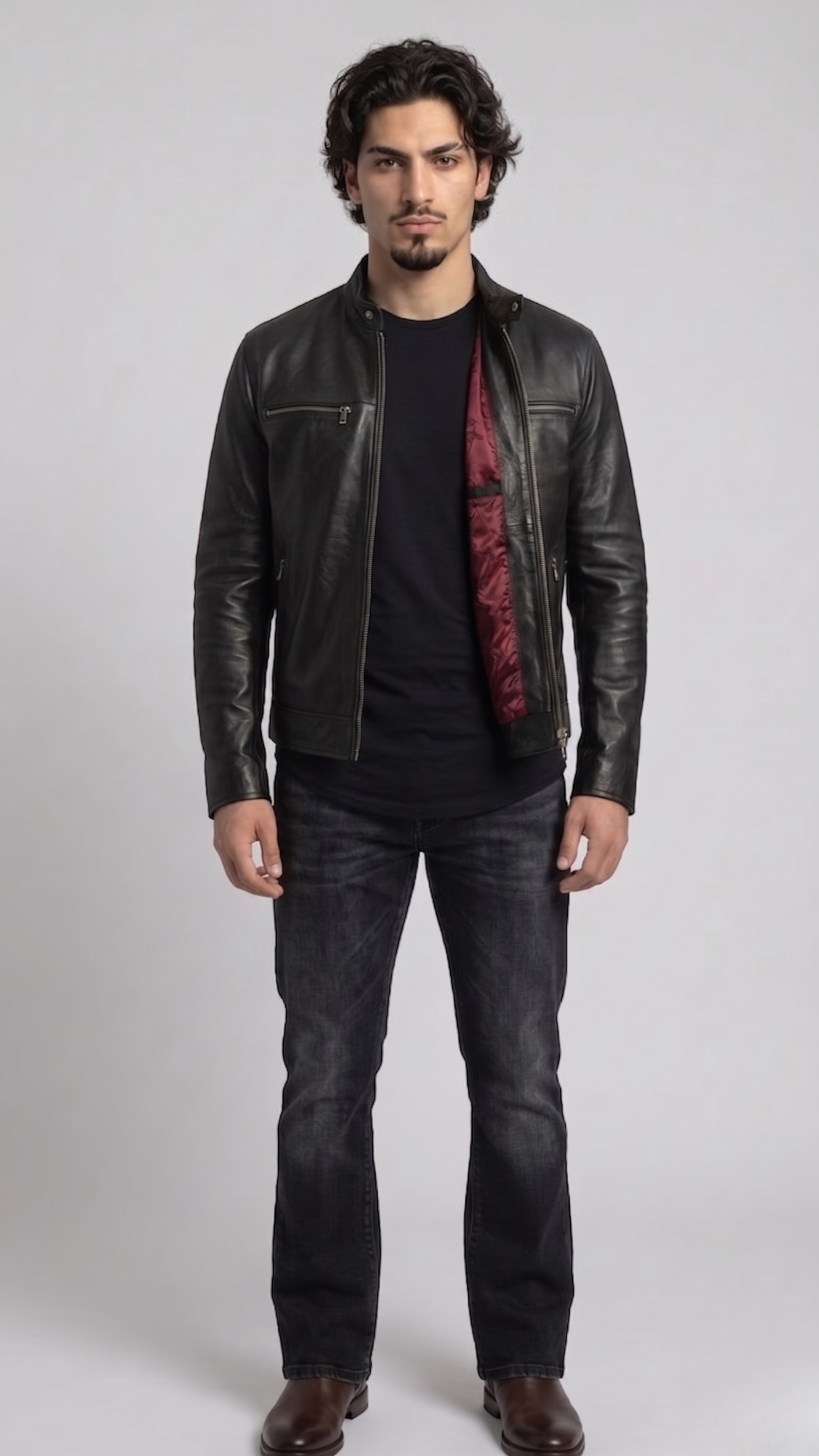 A professional studio front shot of the Jackero classic black leather biker jacket, showcasing its iconic asymmetric zipper closure and sharp lapels.