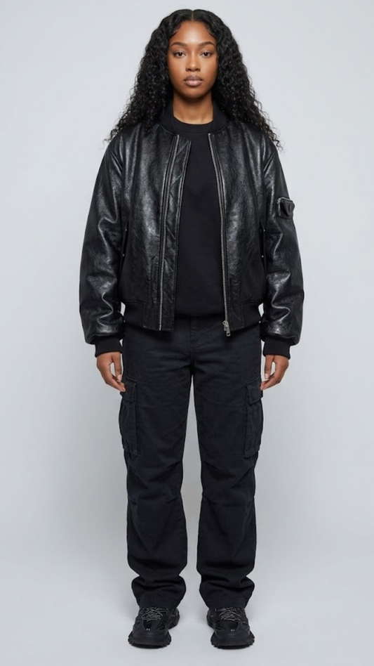 Front shot of a premium black leather bomber jacket from Jackero, showcasing the classic ribbed collar, waist hem, and a smooth silver front zipper.