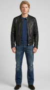 black leather jacket featuring a sleek center zipper and structured classic collar design.
