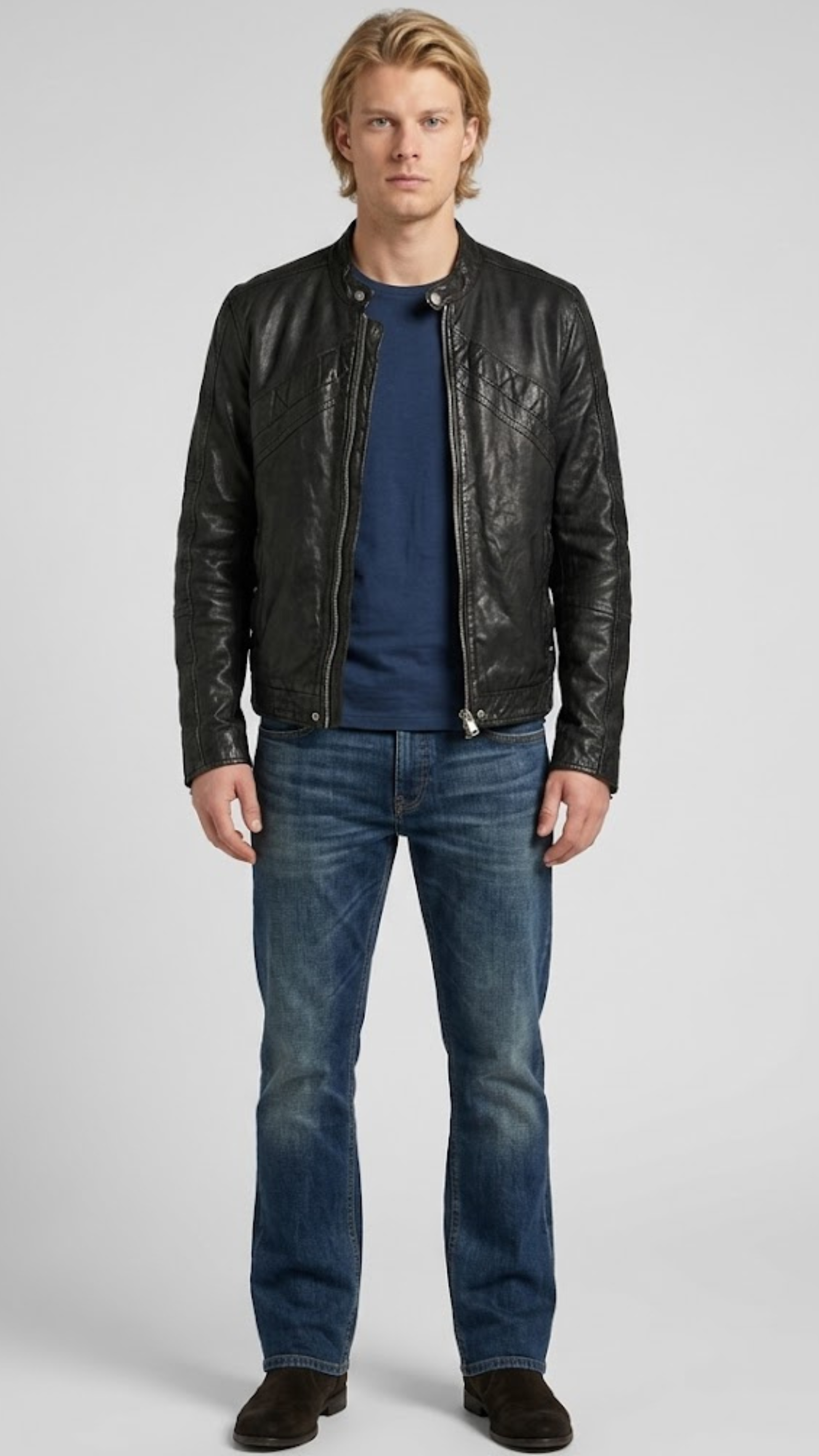 black leather jacket featuring a sleek center zipper and structured classic collar design.