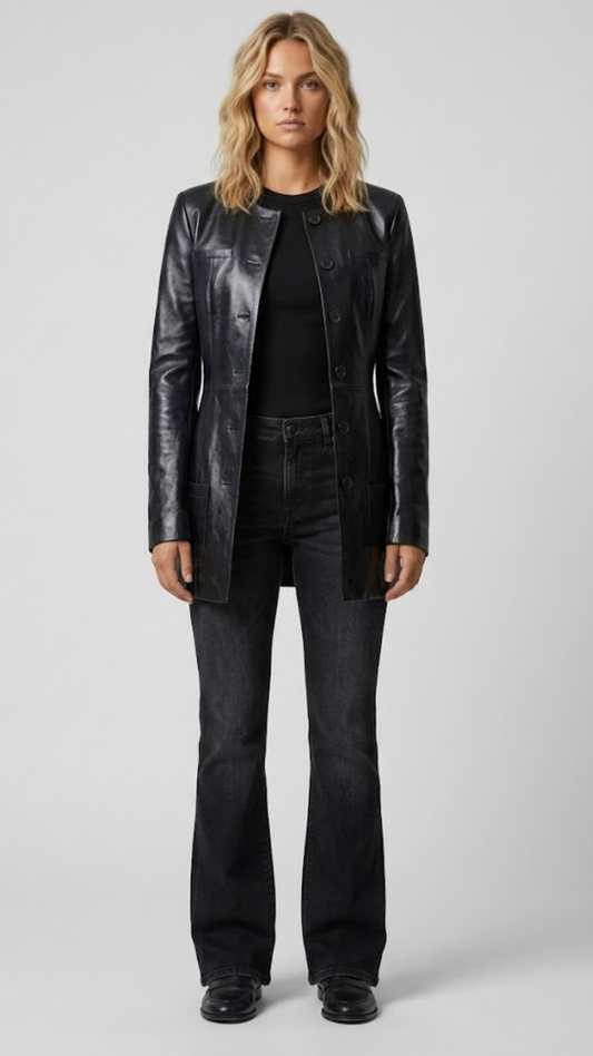 Front full-length view of premium black leather trench coat showcasing a sleek double-breasted button layout and structured matching waist belt.
