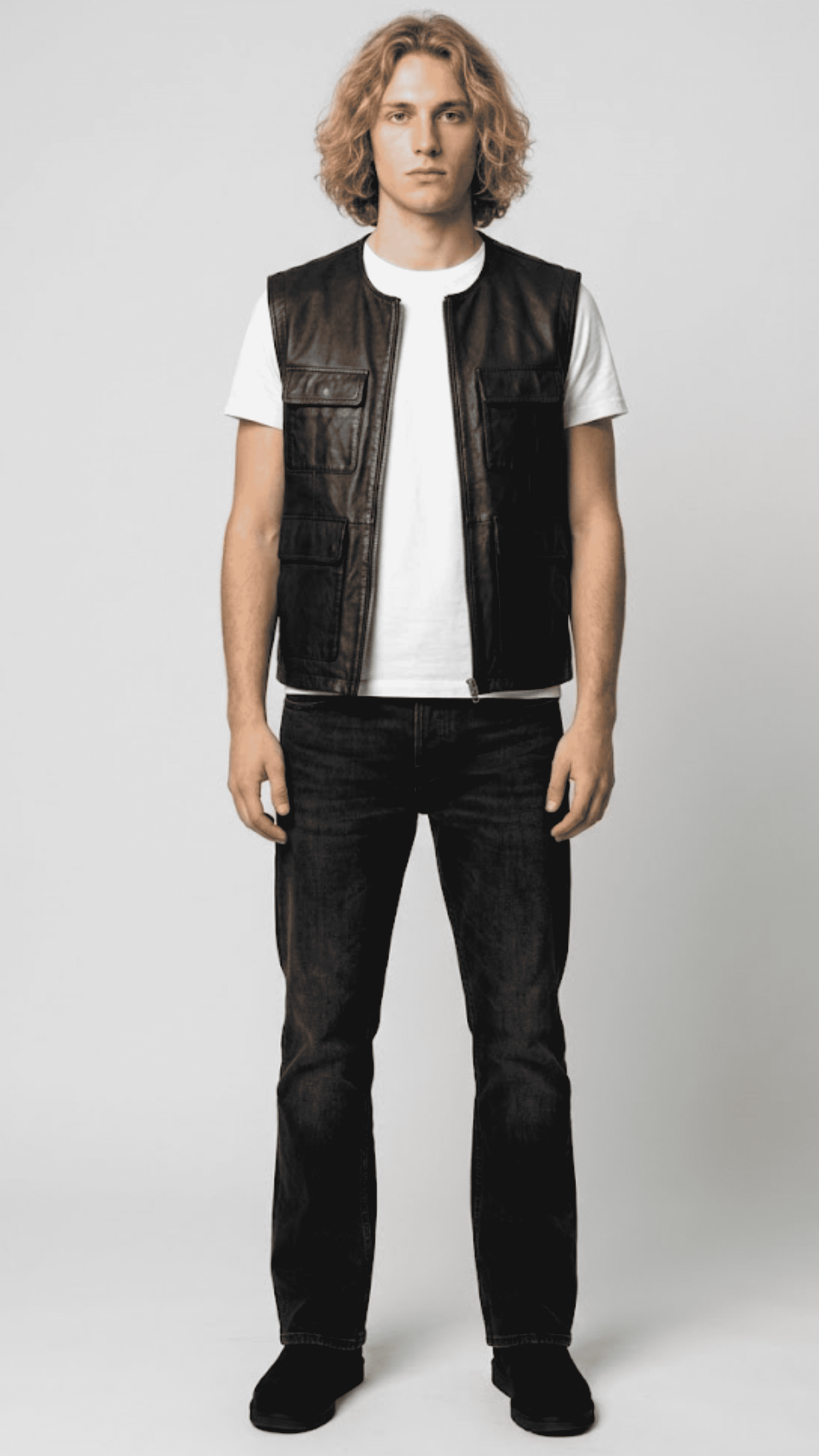 Regular fit men's black leather gilet displaying clean lines, functional front pockets, and a comfortable tailored alignment.