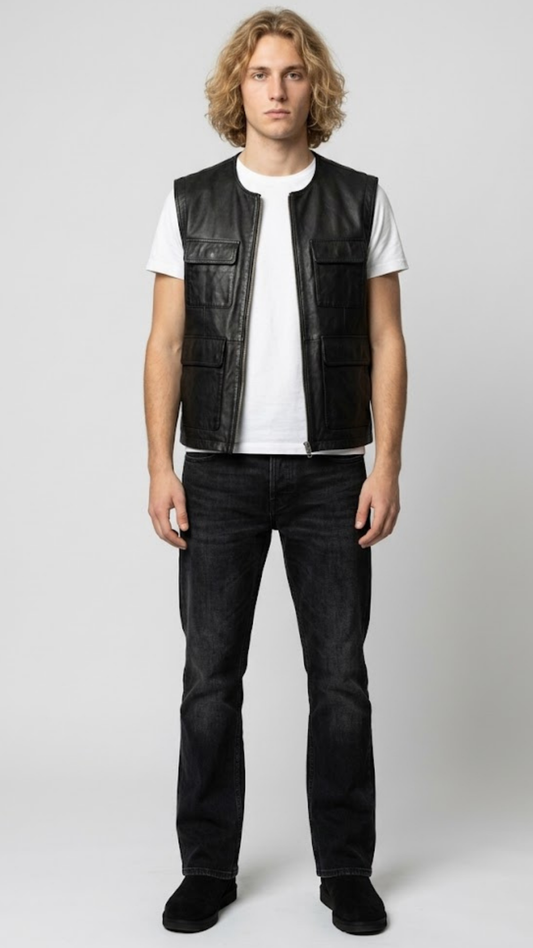 Regular fit men's black leather gilet displaying clean lines, functional front pockets, and a comfortable tailored alignment.