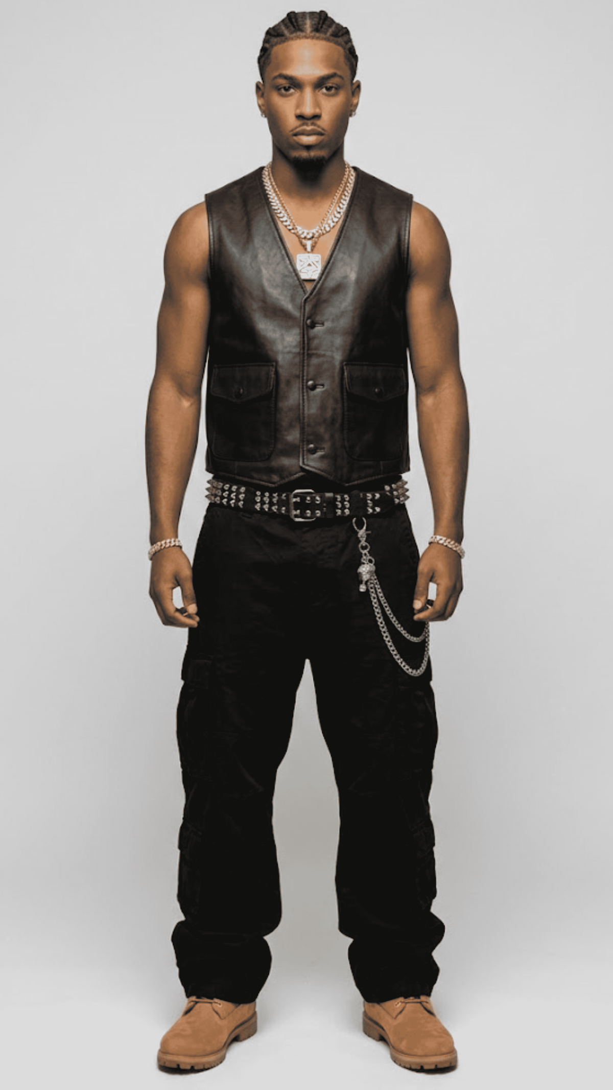 button up black leather vest highlighting a clean row of front buttons and a structured v-neck waistcoat profile.